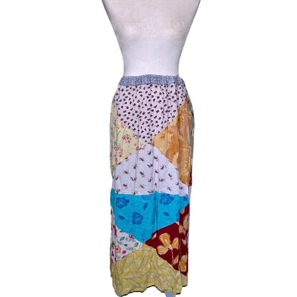 Women Boho Patchwork Maxi Skirt Floral Mixed Print Elastic Waist Cottagecore S/M